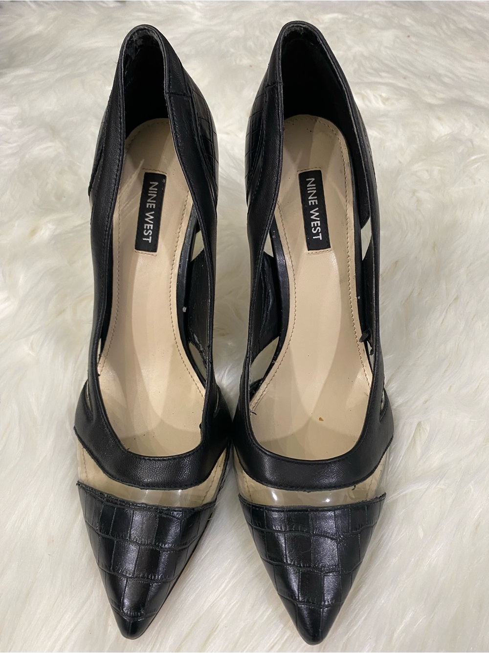 Pre-Loved Nine West Black Croc-Embossed Pointed Toe Pumps with Clear Accent